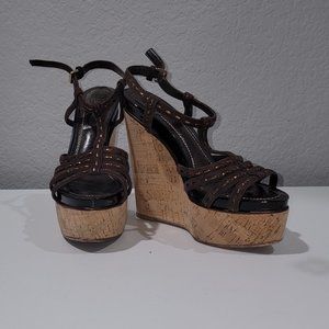 Christian Dior Antica Wedge Cork Platform Brown Suede US 7/7.5